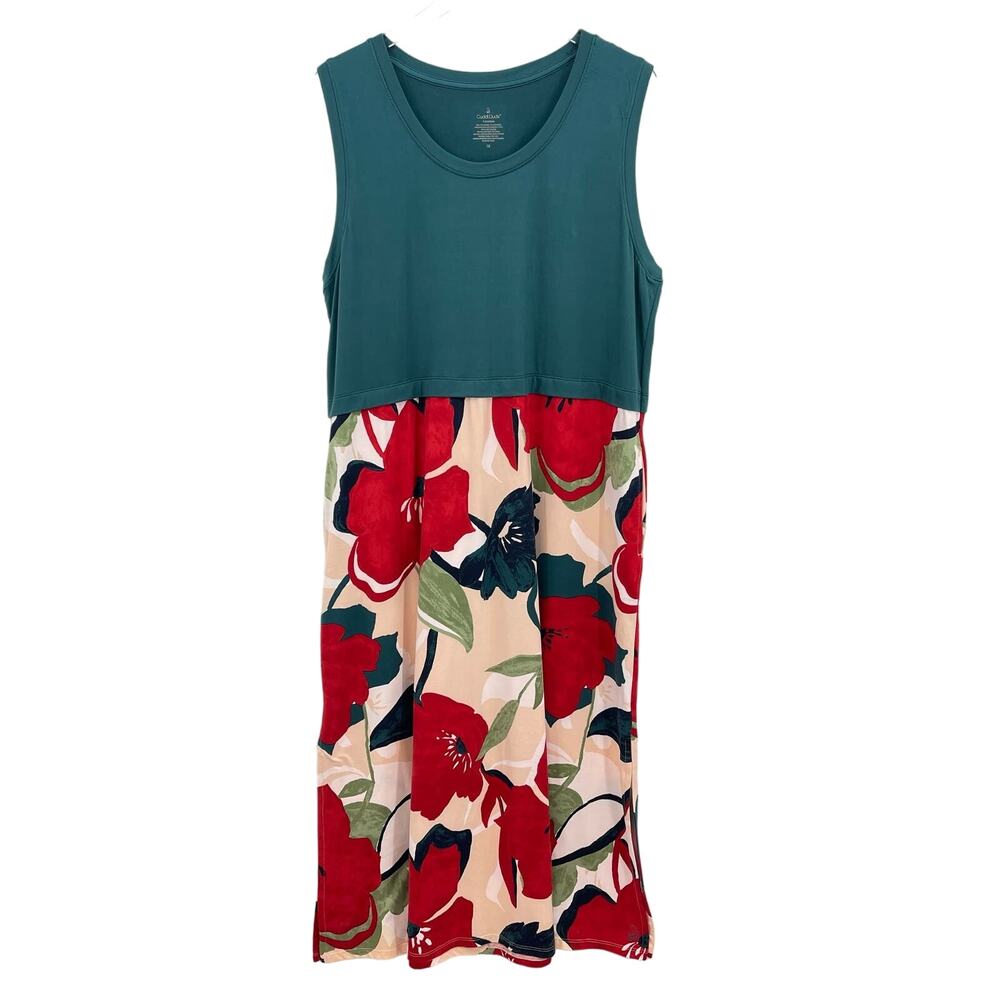 Cuddl Duds Flexwear Sleeveless Maxi Dress Plus Size 1X Blue Red Floral Print